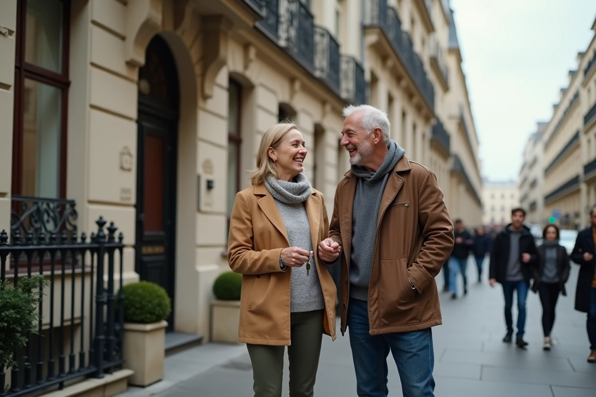 Couple avec clés devant un immeuble parisien rénové