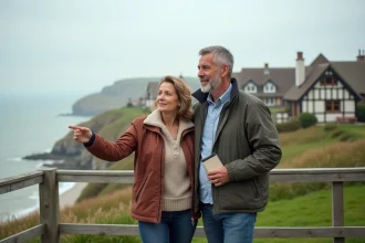 Couple en terrasse normande regardant la mer