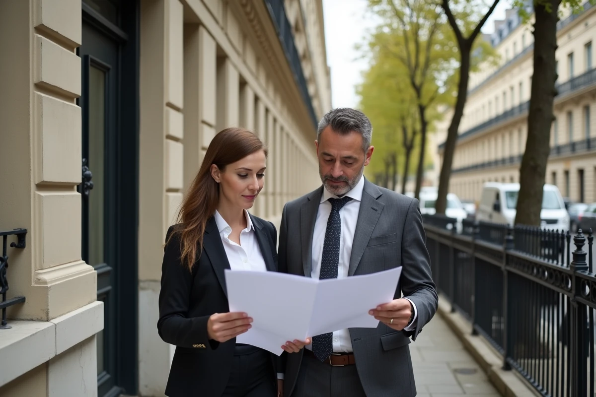 Couple examinant des documents comparatifs devant un immeuble parisien pour choisir entre SCI et achat immobilier direct