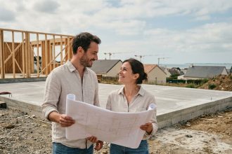 Couple examinant des plans architecturaux sur le chantier de leur future maison à Saint-Nazaire avec la mer en arrière-plan