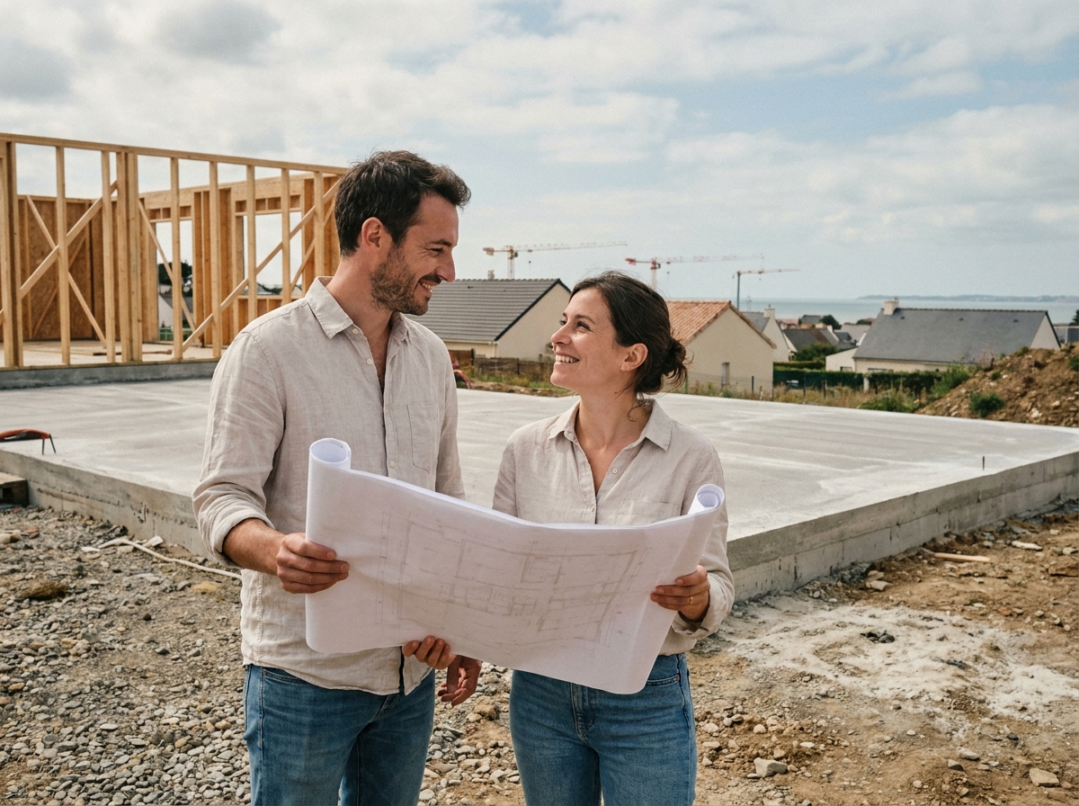 Couple examinant des plans architecturaux sur le chantier de leur future maison à Saint-Nazaire avec la mer en arrière-plan