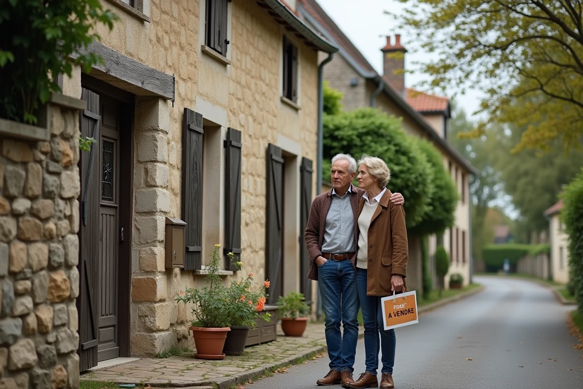 Un couple de particuliers devant une maison à vendre avec panneau immobilier, illustrant la réflexion sur les honoraires lors d'une vente entre particuliers