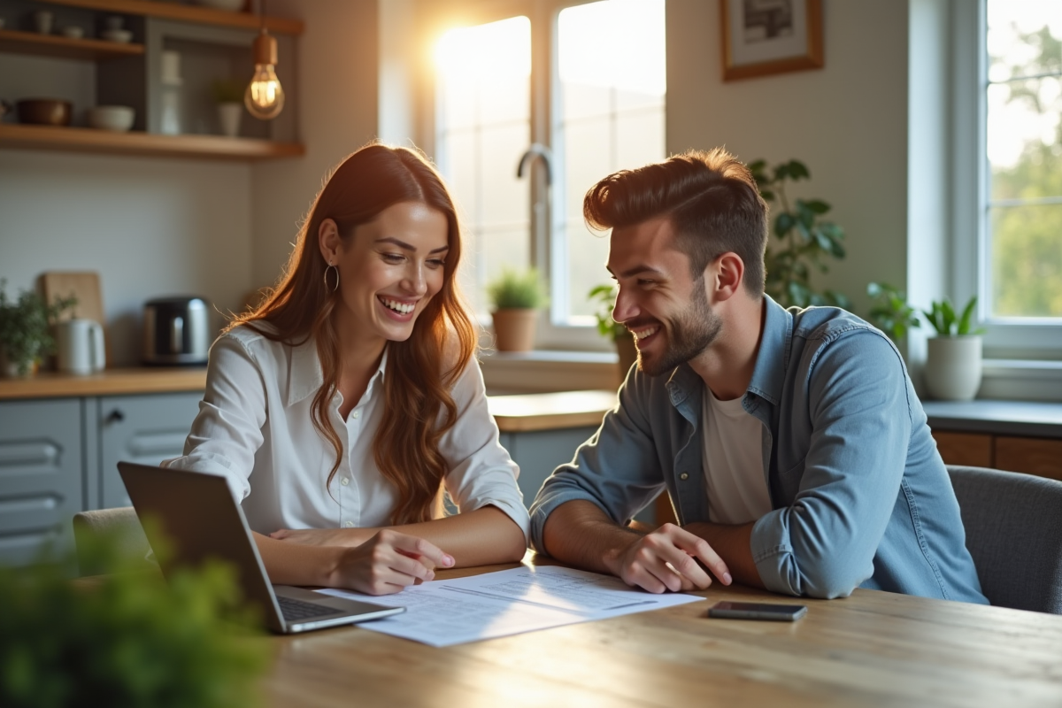 Jeune couple discutant de documents locatifs dans une cuisine lumineuse