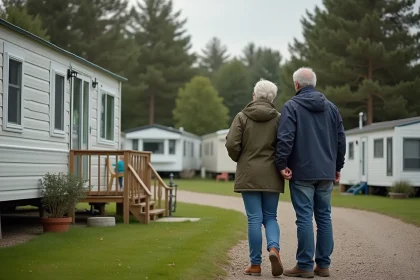 Couple examine une maison mobile dans un camping