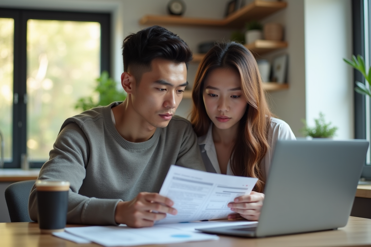 Jeune couple professionnel examinant documents financiers