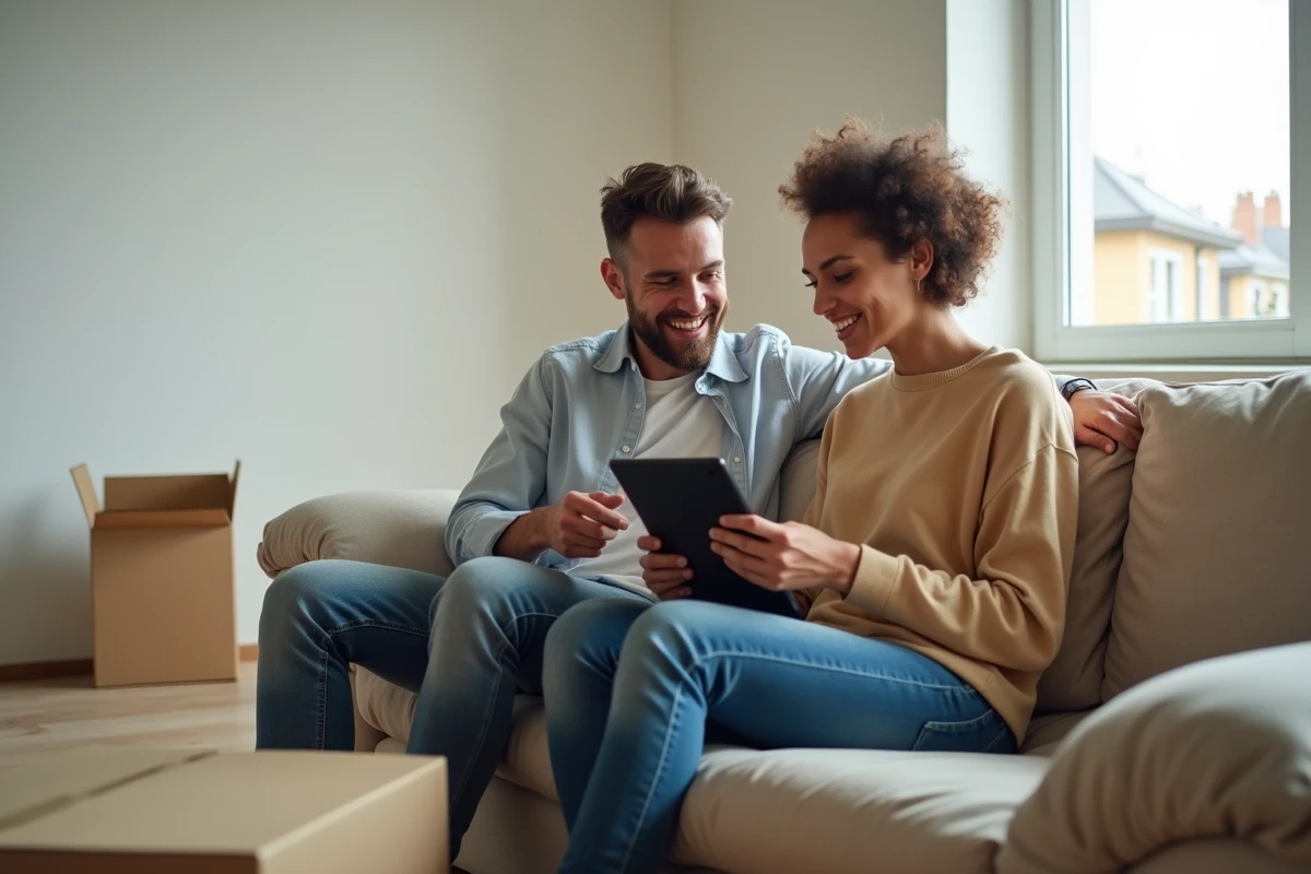 Couple gérant ensemble leur compte locataire MyFoncia sur tablette dans un appartement vide lors de leur première location