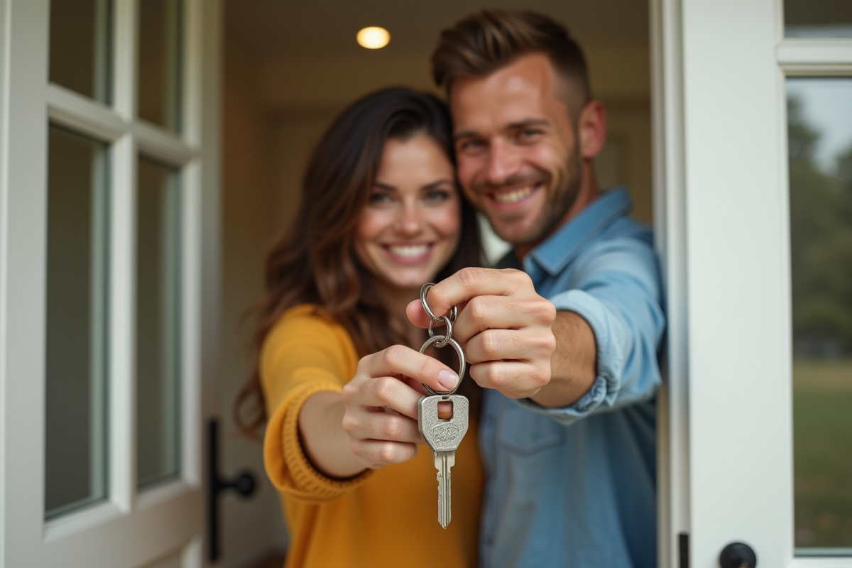 Couple souriant avec clés devant leur maison ensoleillée