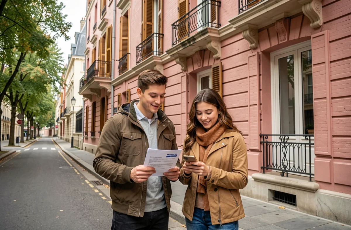 Couple devant un immeuble en briques roses de Toulouse cherchant une assurance habitation économique