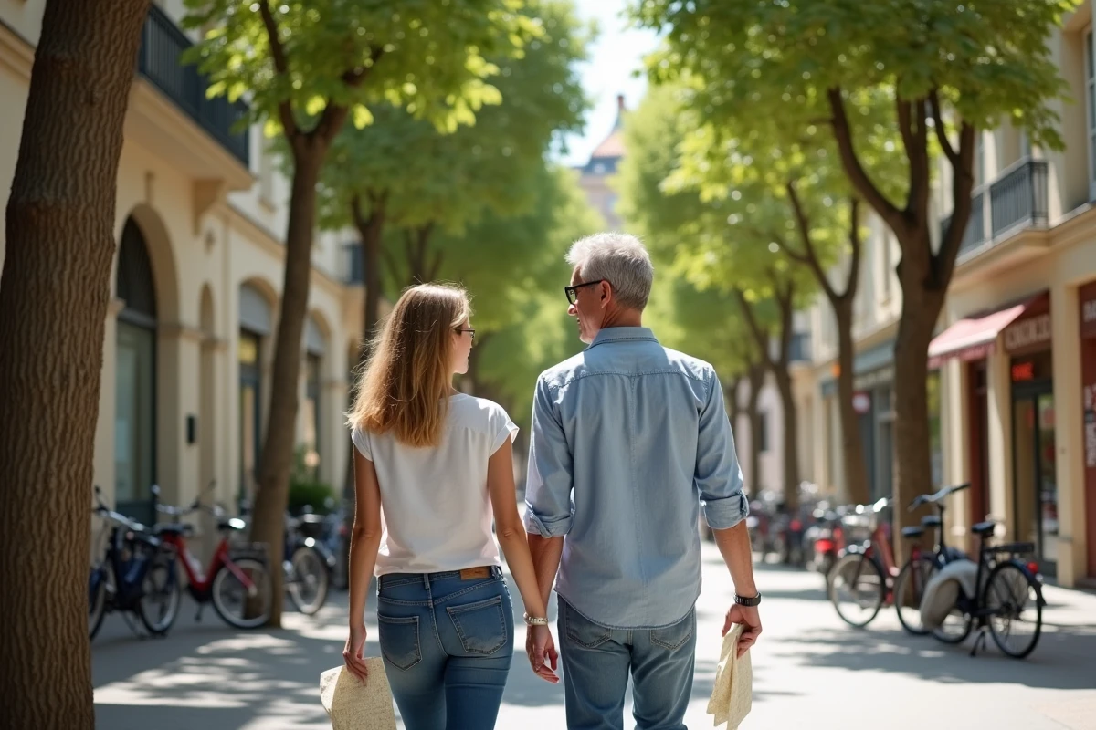 Couple cherchant un appartement à louer dans une rue commerçante d'une ville de l'Aude avec panneau À Louer visible en façade