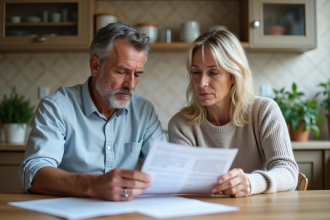 Couple français étudie des documents de prêt immobilier à la maison
