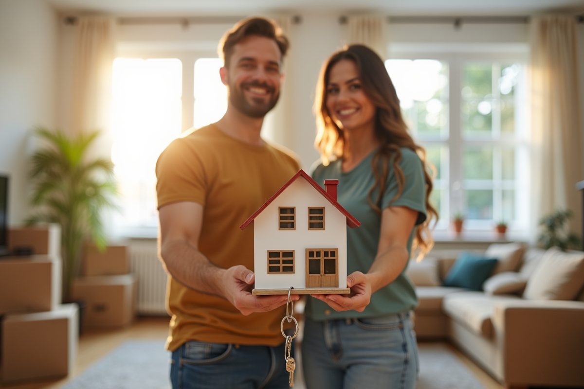 Couple heureux tenant une petite maison et des clés dans un salon lumineux