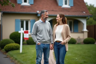 Couple français devant une maison à vendre en extérieur