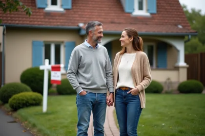 Couple fran&ccedil;ais devant une maison &agrave; vendre en ext&eacute;rieur