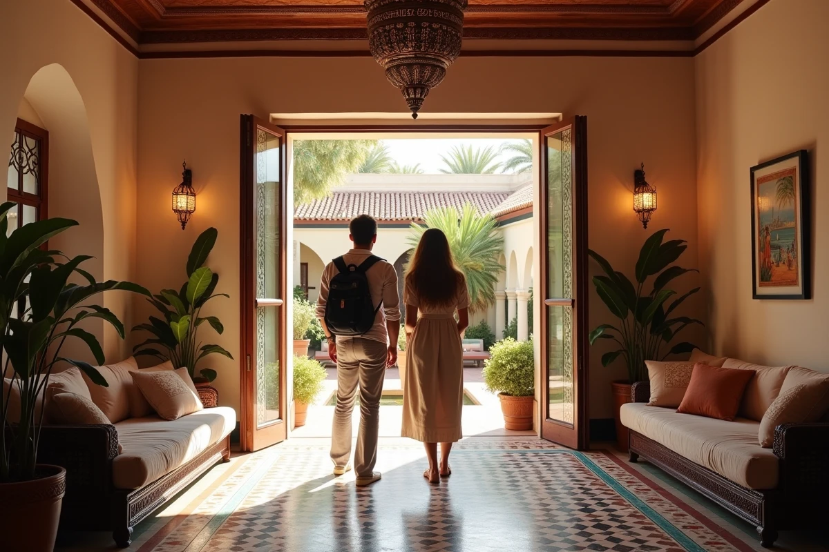 Jeune couple admirant le sol mosa&iuml;que dans un riad marocain