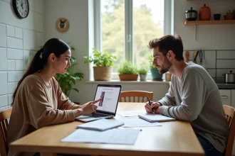 Couple étudiant des documents de location pour une maison avec jardin à 600 euros