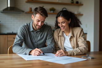 Jeune couple en train d'étudier des documents immobiliers dans un appartement moderne