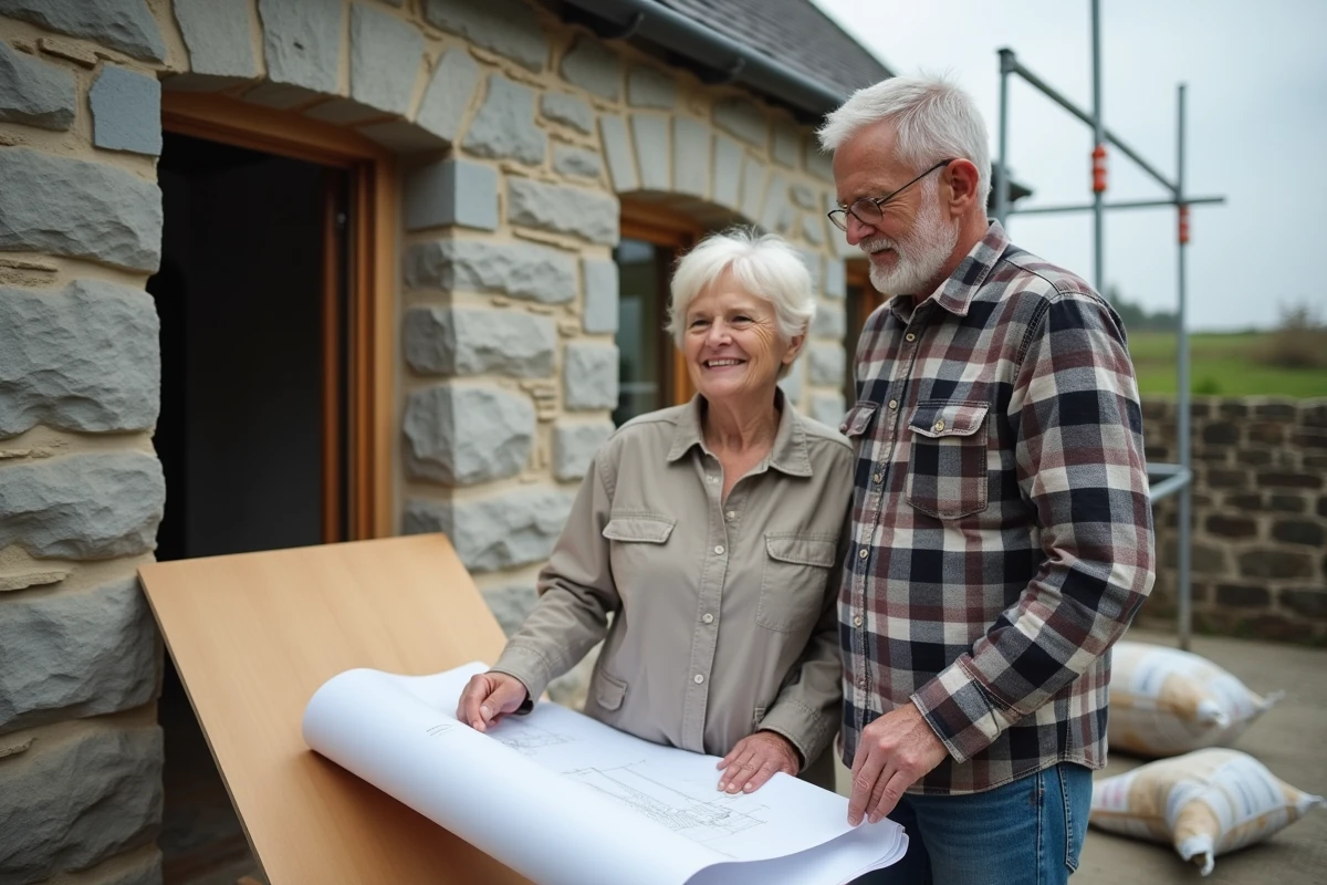 Couple examinant des plans de rénovation devant une maison en pierre bretonne avec échafaudage