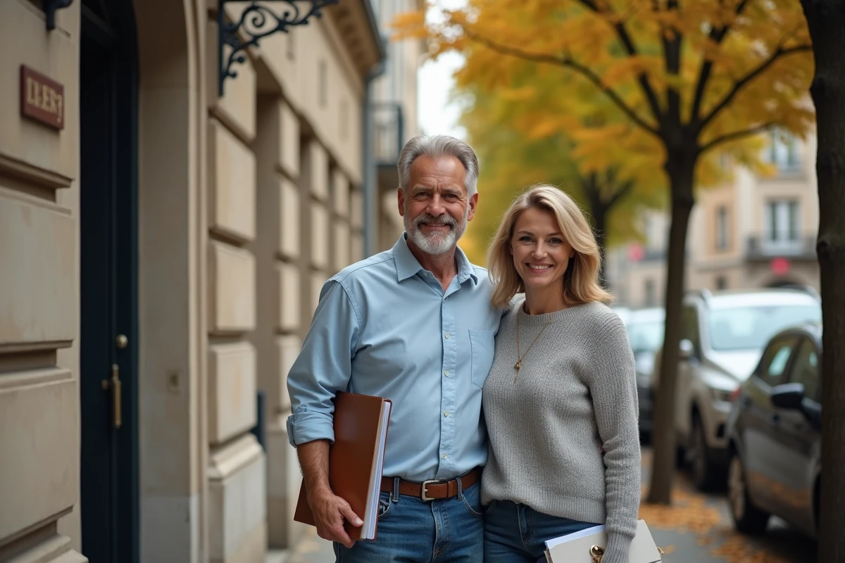 Couple de salariés du privé devant leur nouvel appartement, bénéficiaires d'une aide au logement du comité interprofessionnel des employeurs