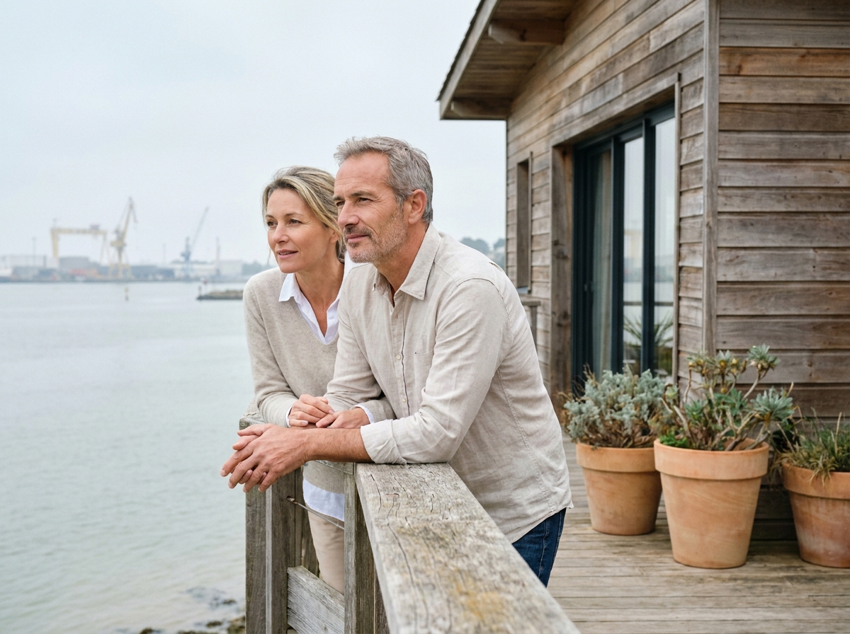 Couple sur la terrasse en bois d'une maison avec vue sur l'estuaire de la Loire à Saint-Nazaire