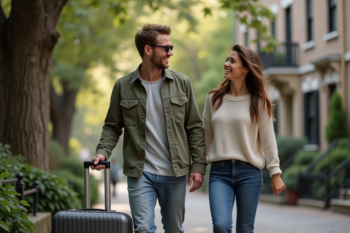 Couple souriant avec valise devant une maison en pierre dans une rue arborée