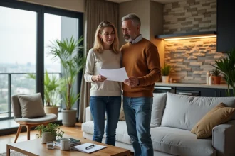 Couple d'adultes dans un salon moderne examine un rapport immobilier