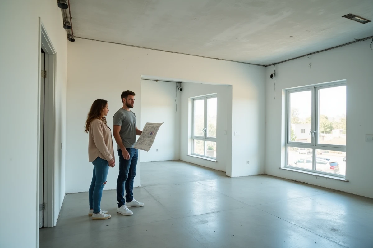 Couple de futurs acheteurs visitant une maison vide aux murs blancs, évaluant le potentiel du bien immobilier