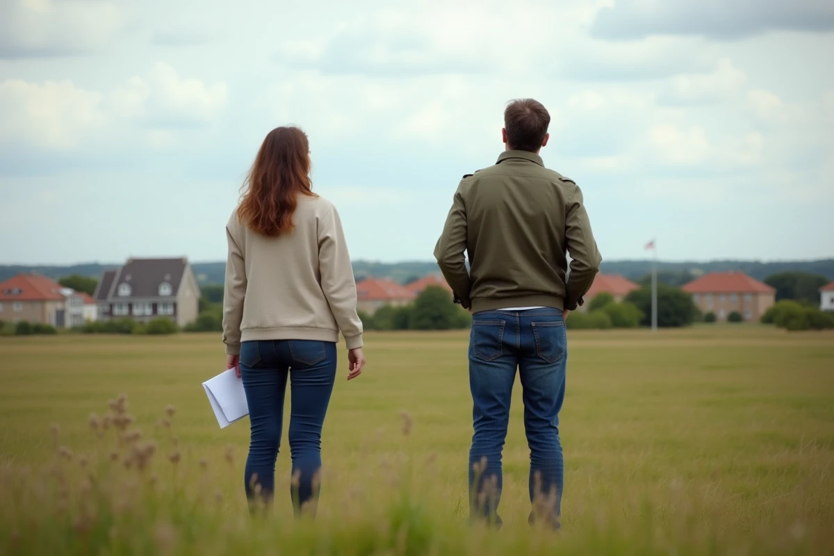 Couple visitant un terrain de 100 ares constructible en périphérie urbaine pour un projet immobilier