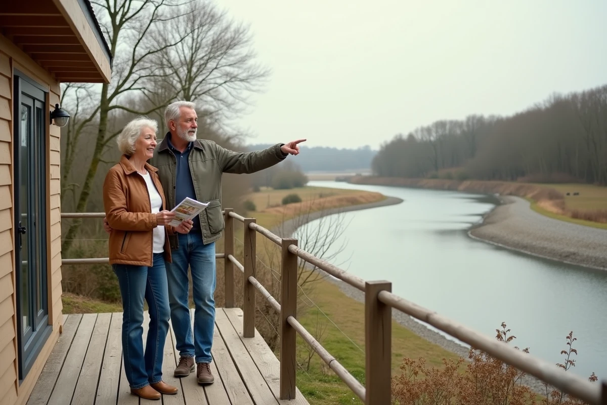 Couple visitant une parcelle avec mobil-home en bord de rivière en Vendée lors d'une vente immobilière