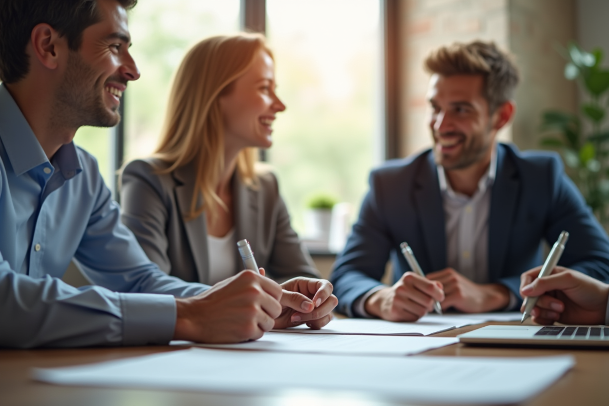 Couple souriant avec conseiller examinant un contrat dans un bureau ensoleille