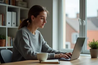 Femme créant son compte en ligne sur un ordinateur portable dans un bureau à domicile organisé
