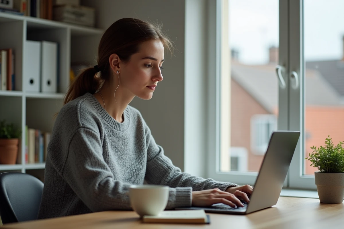 Femme créant son compte en ligne sur un ordinateur portable dans un bureau à domicile organisé