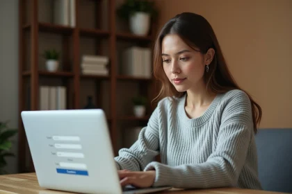Femme créant un compte en ligne sur un ordinateur portable dans un bureau à domicile moderne