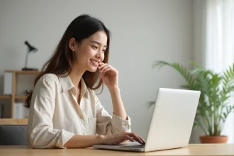 Jeune femme créant son espace client MyFoncia sur un ordinateur portable dans un appartement moderne