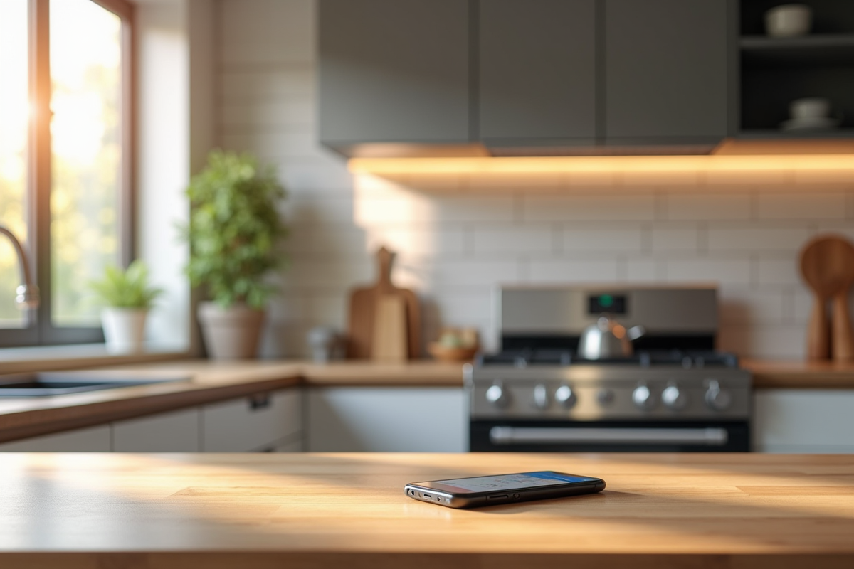 Cuisine élégante avec appareils connectés et smartphone