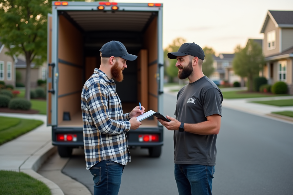 Client signant un reçu numérique avec déménageurs prêts à décharger