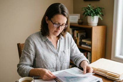 Femme consultant sa déclaration fiscale de location meublée non professionnelle à son bureau à domicile