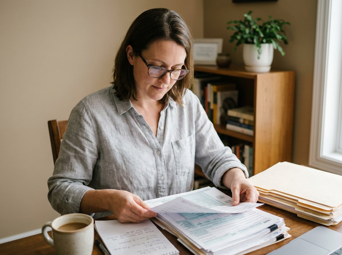 Femme consultant sa déclaration fiscale de location meublée non professionnelle à son bureau à domicile