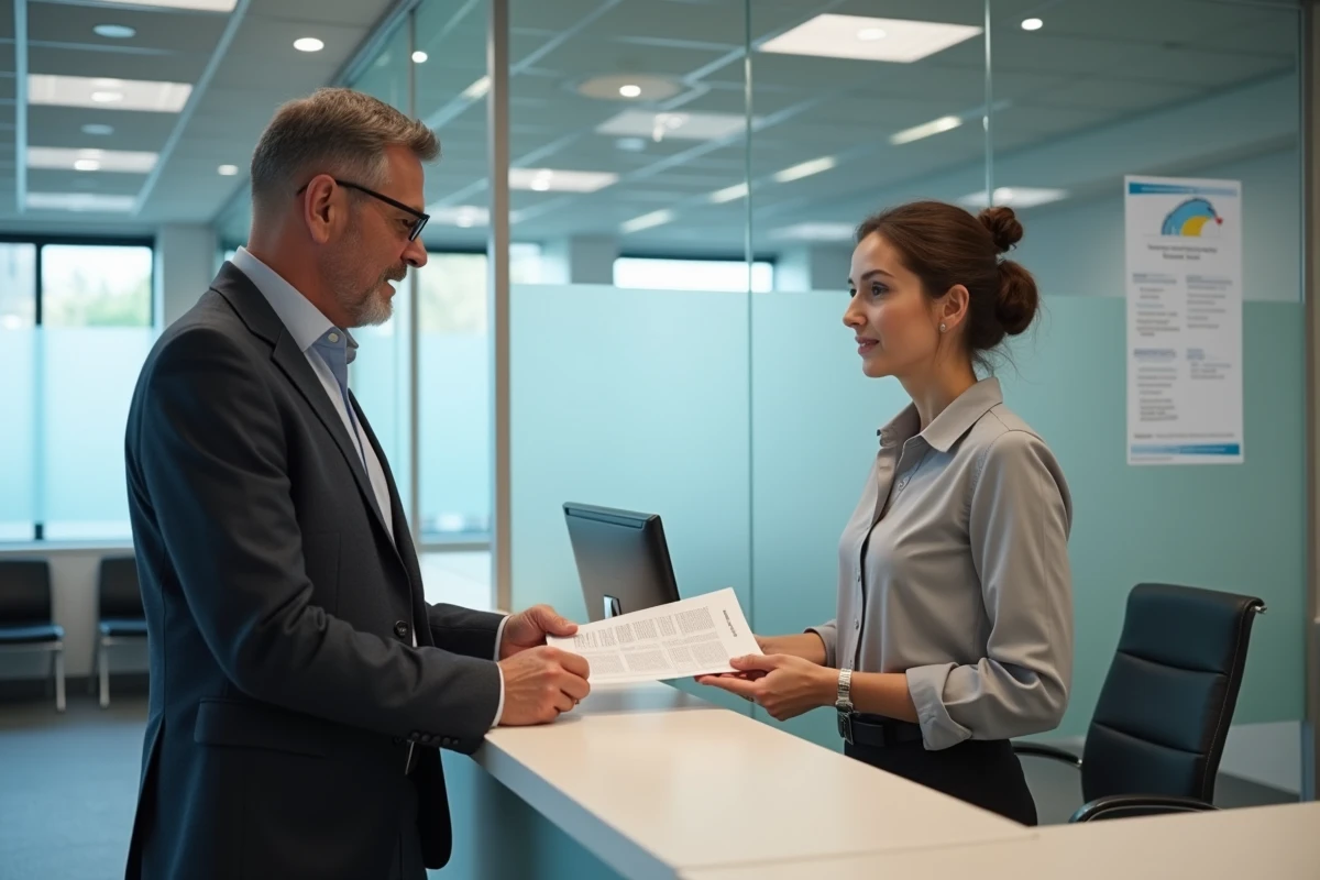 Homme remettant des documents administratifs à une agente dans un bureau de services sociaux