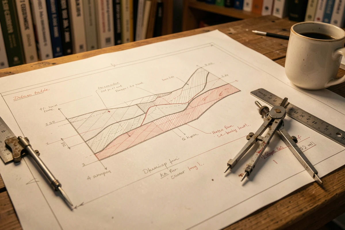 Gros plan d'un plan de coupe terrain technique avec courbes de niveau, annotations de pente et outils de dessin sur table à dessin rétroéclairée