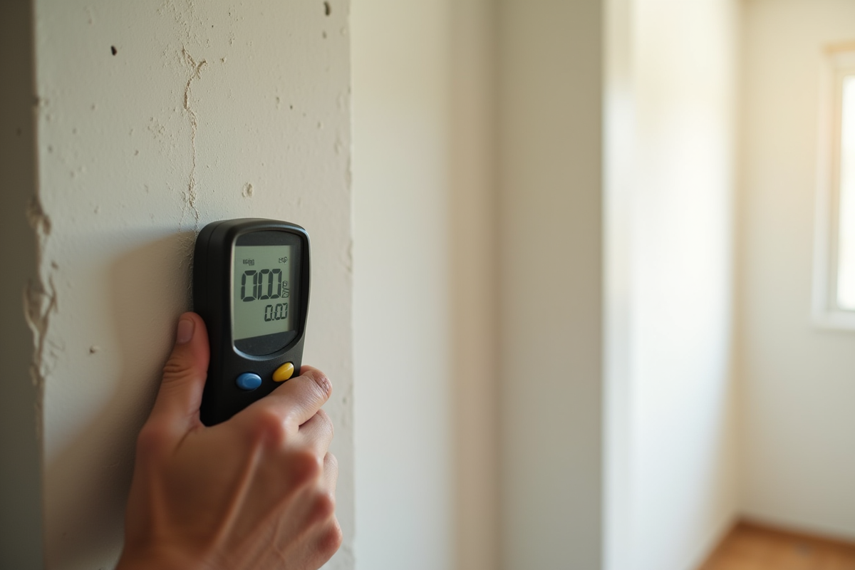 Main tenant un humidimètre contre un mur humide
