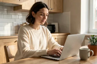 Femme faisant un devis assurance habitation en ligne sur son ordinateur portable dans une cuisine moderne