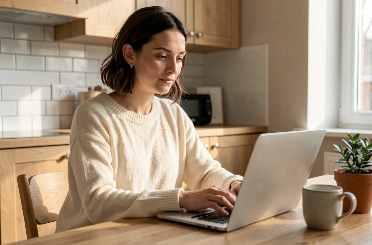 Femme faisant un devis assurance habitation en ligne sur son ordinateur portable dans une cuisine moderne