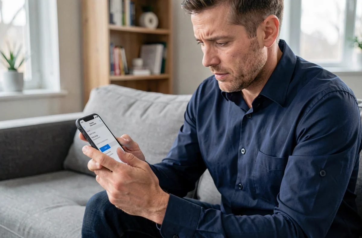 Homme consultant un devis assurance habitation sur smartphone dans son salon