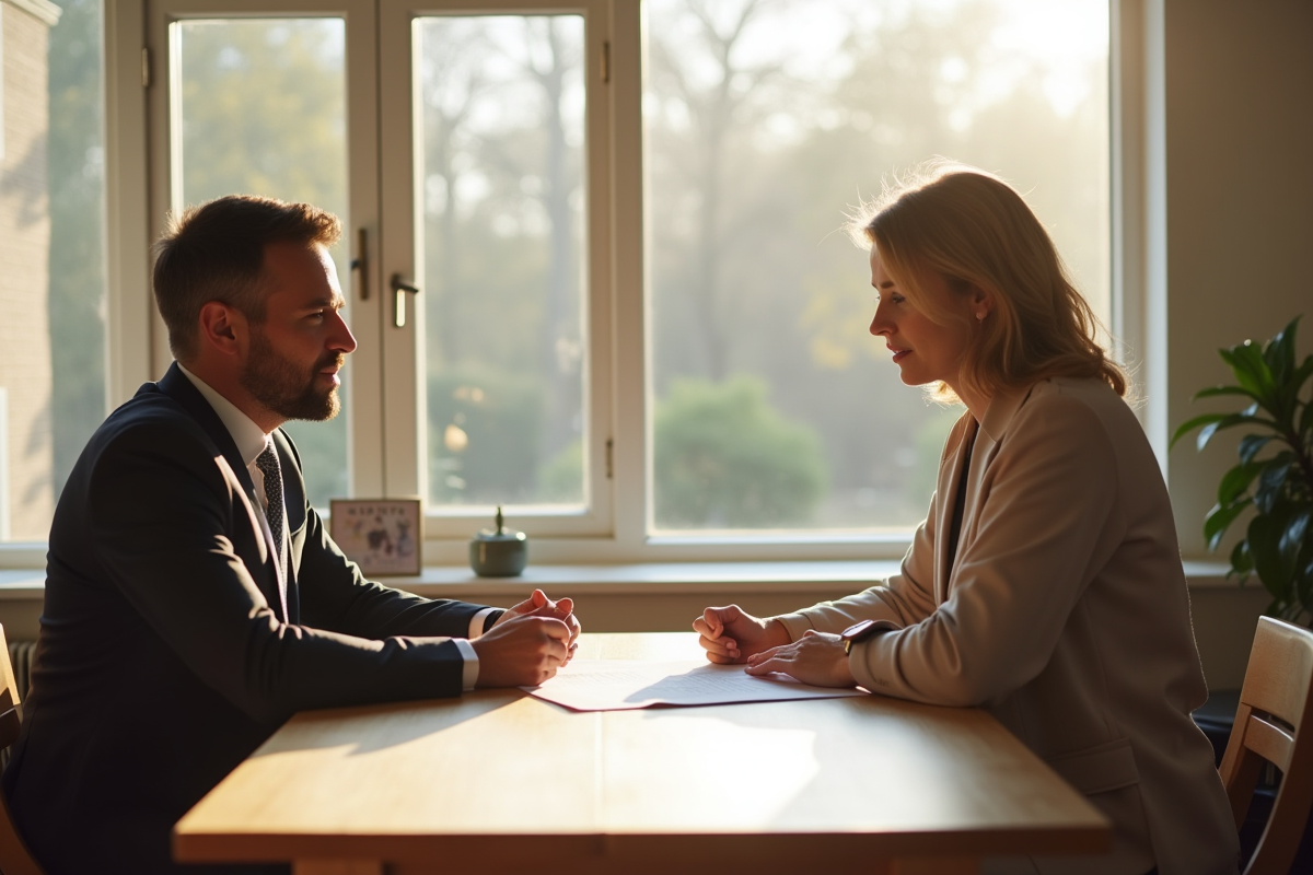 Propriétaire et locataire discutant d'un document dans un salon lumineux