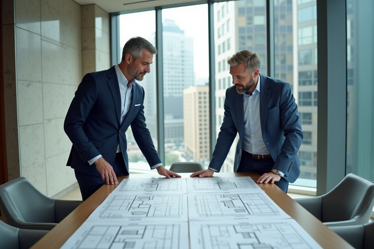 Deux hommes discutant plans d