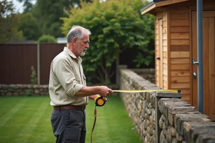 Homme mesurant la distance entre un abri de jardin en bois et la limite de propriété avec un mètre ruban
