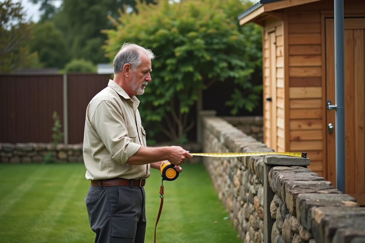Homme mesurant la distance entre un abri de jardin en bois et la limite de propriété avec un mètre ruban