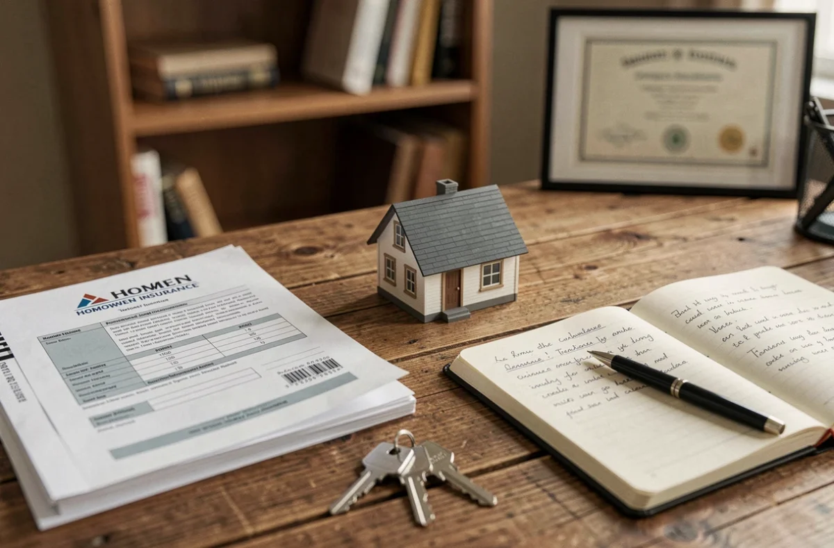 Documents d'assurance habitation individuelle avec clés et modèle de maison sur un bureau en bois