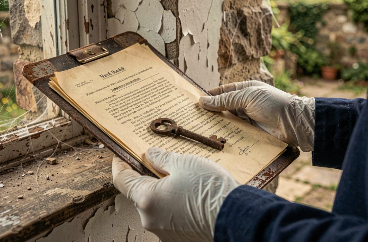 Documents juridiques et clé ancienne pour l'achat d'une maison abandonnée, erreurs administratives fréquentes