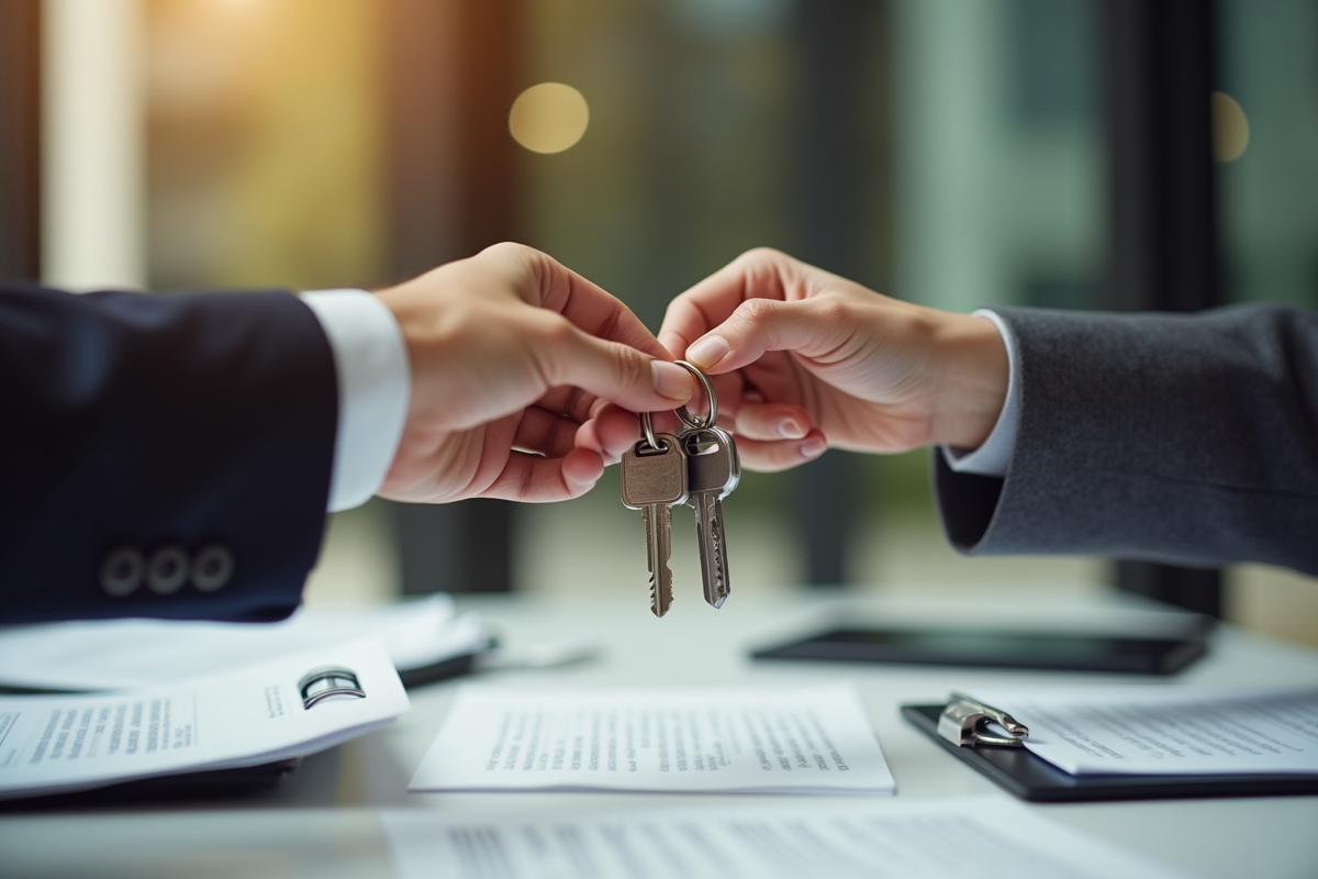 Main échangeant des clés de maison sur des documents officiels